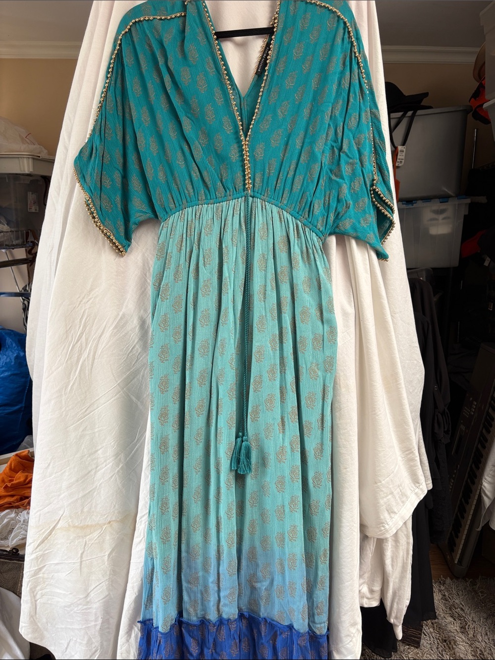 Boston proper Teal Two-Tone Maxi Dress with Tassel Tie
